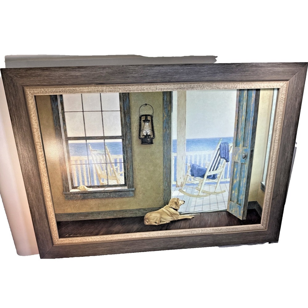 LOOKING OVER THE SEA by Zhen-Huan Lu 22x31 Dog Retriever Doorway FRAMED WALL ART